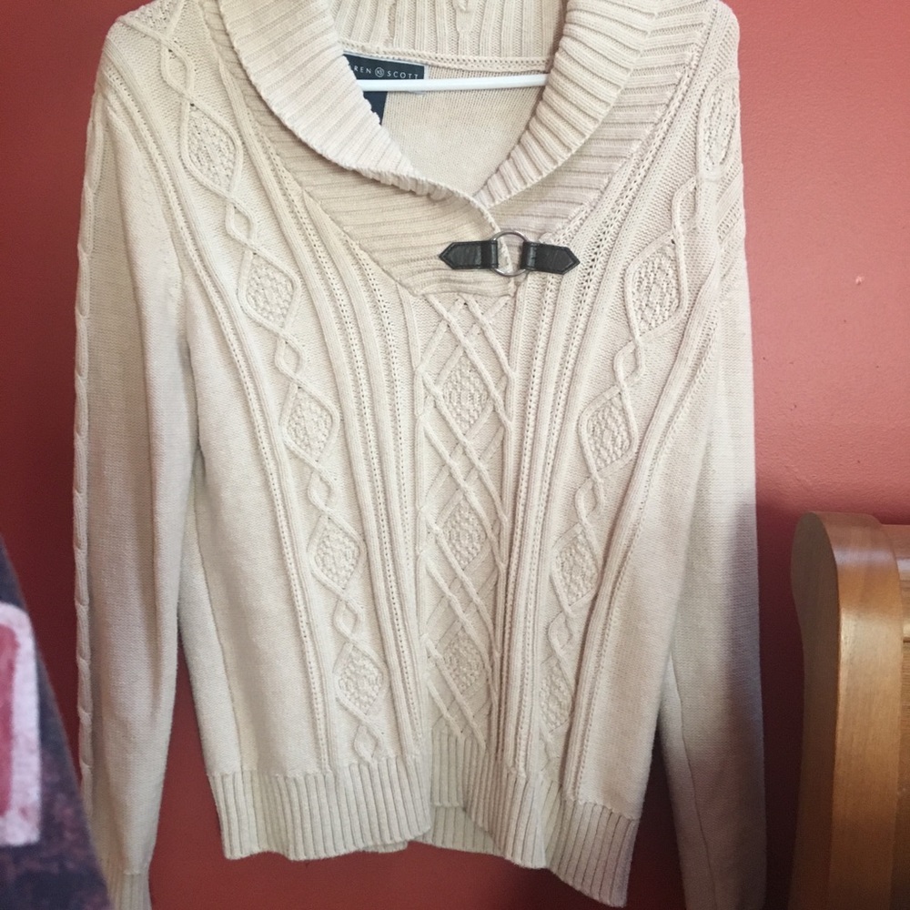Karen Scott Sweater Womens M Cream Good‎ Cable Knit Shawl Collar Buckle Cotton